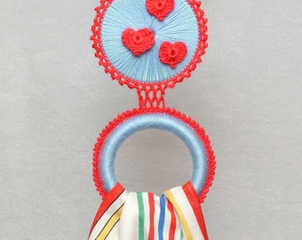 Crochet Towel Holder, Kitchen Towel rings, handmade heart appliques, sturdy, home helper