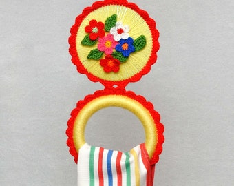 Valentine's day gift Beauty gift Crochet Towel Holder, Kitchen Towel rings, handmade flower appliques, sturdy, home helper