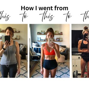 May include: A three-part collage showing a progression of physical fitness. The text "How I went from this to this to this" is displayed at the top. Each panel features a person in different athletic attire, including a grey tank top, an orange sports bra with black shorts, and a black sports bra with black shorts, all captured in mirror selfies.