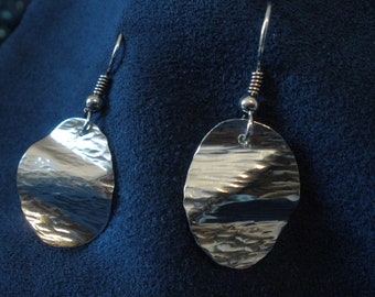 Sterling Silver Thin Warped Patterned Oval Disk Earrings