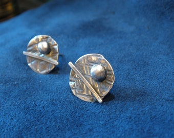 Sterling Silver Patterned Disk Bar and Dot Stud Earrings