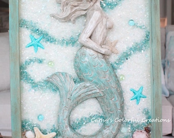 Mermaid, Mermaid Art, Mermaid Wall Hanging, Glass Art, Crushed Glass, Coastal Art, Coastal Decor, Coastal Wall Art, Beach Decor
