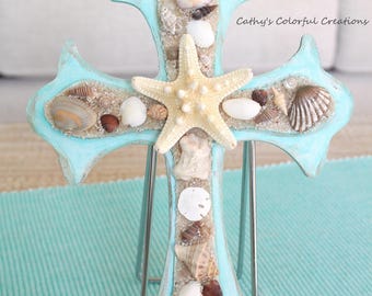 Cross, Shell Cross, Coastal Cross, Sea Shells, Sea Shell Cross, Decorative Cross, Beach Cross, Coastal Decor, Beach Decor, Wall Cross