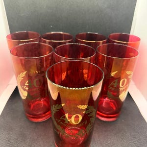 Vintage ruby red and gold, 40th anniversary glasses, set of 8