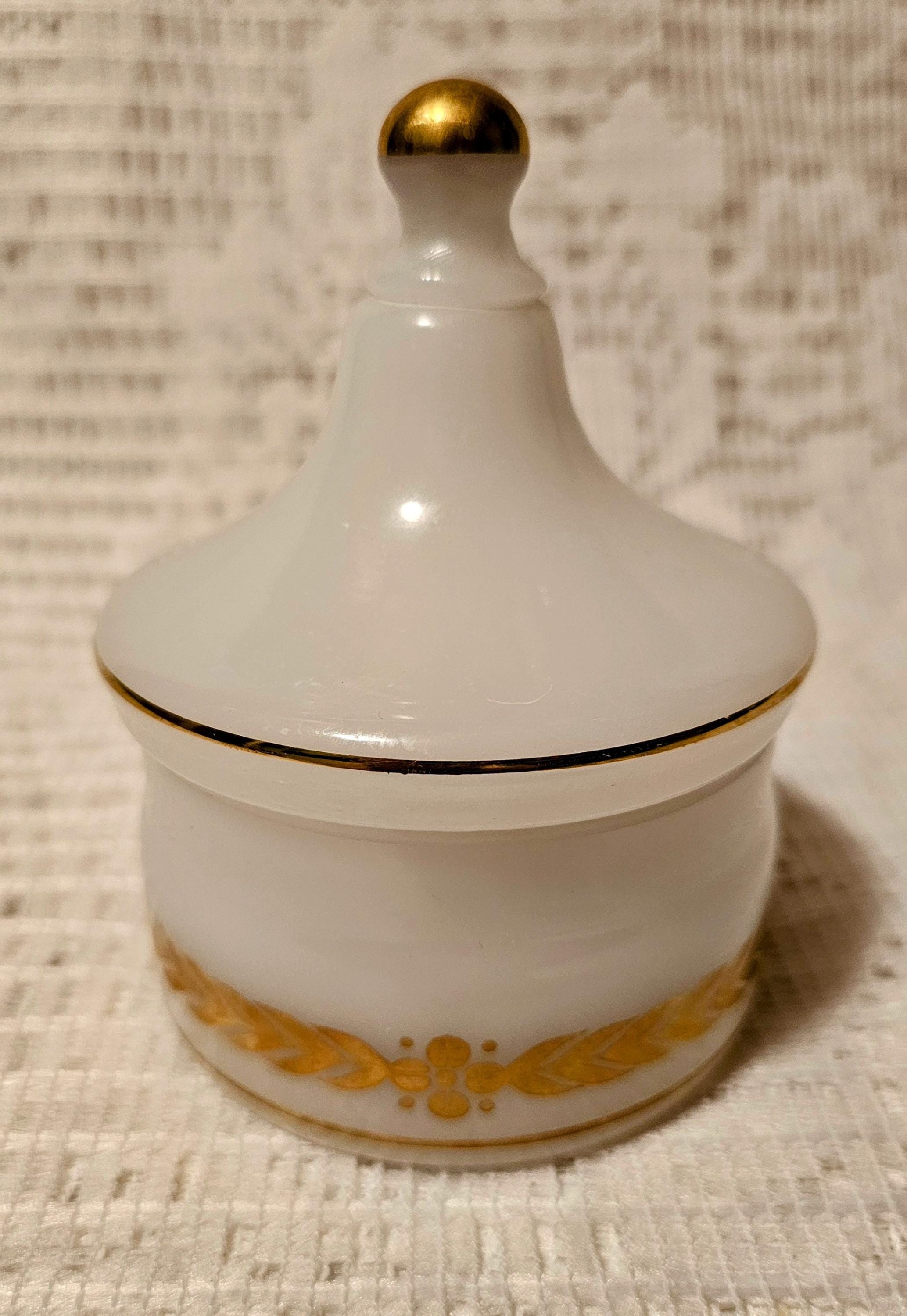 Vintage, mid century white opaline glass powder Jar, with gold touches, made in Sweden