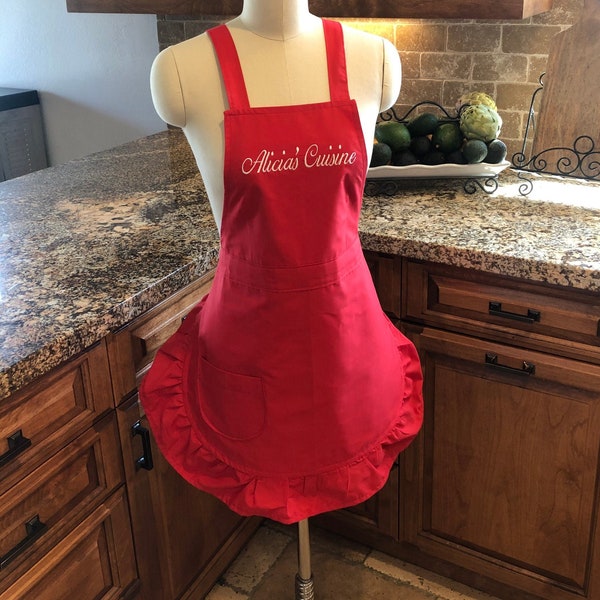 Handmade Personalized apron , Red embroidered apron, feminine apron , Women’s personalized apron, , restaurant apron beauticians,