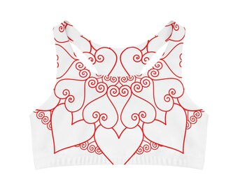 Heart Mandala 01 Seamless Sports Bra Red on White Valentines Day Cute Anniversary Birthday Mom Mother's Day Gift Yoga Workout Athletic