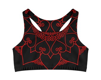Heart Mandala 01 Seamless Sports Bra Red on Black Valentines Day Cute Anniversary Birthday Mom Mother's Day Gift Yoga Workout Athletic