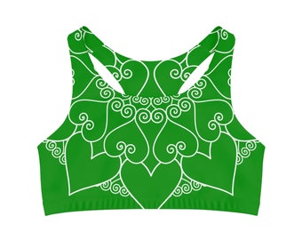 Heart Mandala 01 Seamless Sports Bra White on Green Valentines Day Cute St Patricks Birthday Mom Mother's Day Gift Yoga Workout Athletic