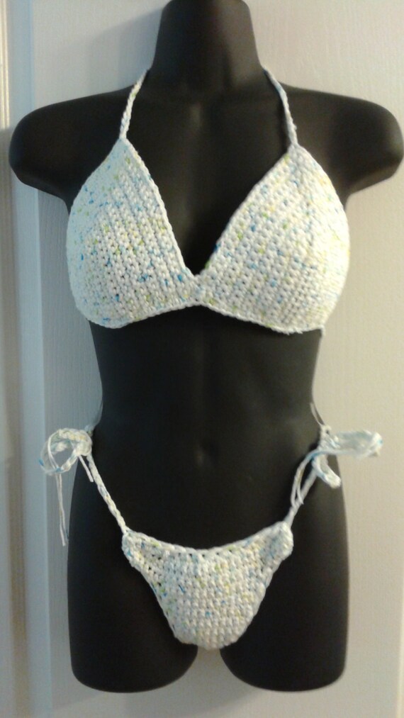Sensual Cotton, Crochet Beachwear, Adult S/M, White Yellow N Blue, Crochet Swimwear, Photo Props, Pool Party Wear, Cotton Beachwear