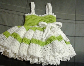 Ruffled Halter Top Dress, Green And White, Summer Cotton, 18-24 Months, Crochet Baby Clothes, Baby Photo Props, Crochet Baby Dress