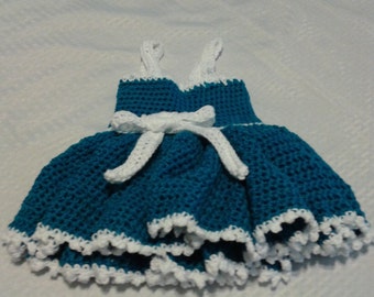 Ruffled Halter Top Dress, Blue And White, Summer Cotton,  3-6 And 6-9 Months, Crochet Baby Clothes, Baby Photo Props, Crochet Baby Dress