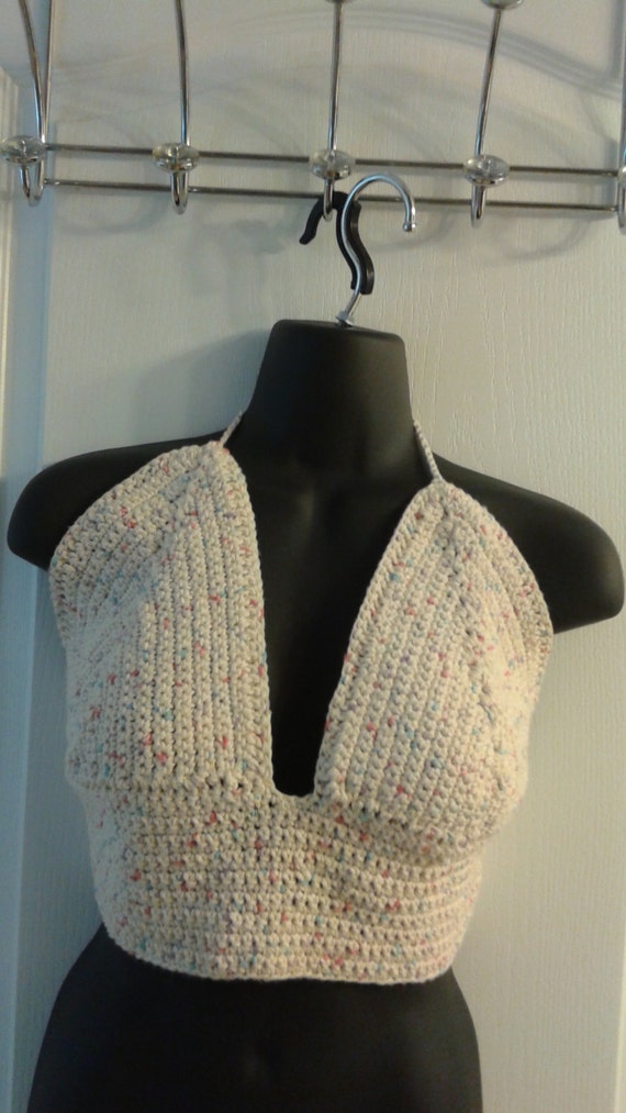 Seductive Bikini, Summer Crop-Top, Beige Pink N Blue, Adult Large, Womens Clothes, Photography Prop, Bikini Crop-Top, Crochet Crop-Top