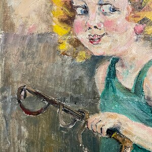 1960s French Vintage Naive Art / Kitsch Art oil painting on unstretched canvas. Young girl wearing a top hat. image 7