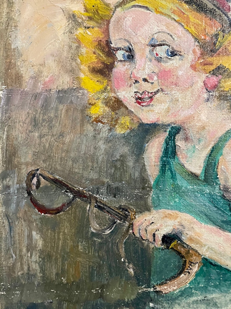 1960s French Vintage Naive Art / Kitsch Art oil painting on unstretched canvas. Young girl wearing a top hat. image 7