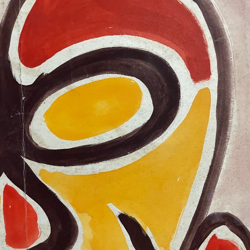 1950s French shops Vintage modernist gouache painting on paper. Colorful mask