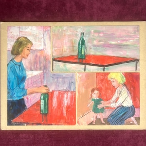 1950er Jahre Handgemalte französische Original Buchillustrationen. Gouache auf Karton. Familienszene. Kinderzimmer. Kinder Dekor.