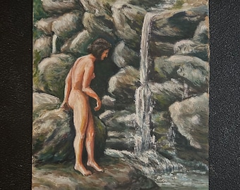 1950s French Surrealism Vintage oil painting on paper. Bather and Waterfall. Surrealist Landscape. Nudes.