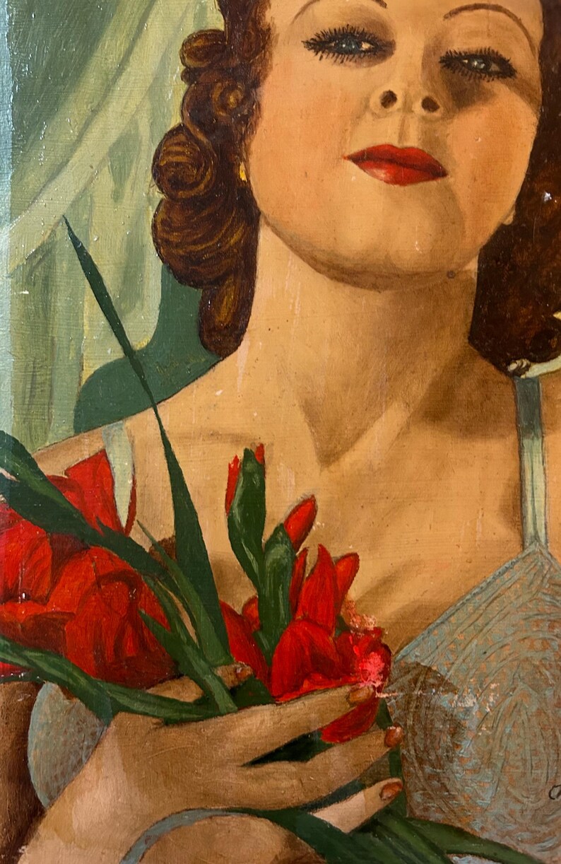 1930s French Art Deco Oil Painting on Panel. Woman Portrait. Parisian