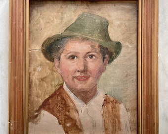 1930s German oil painting on canvas. Portrait of a young boy wearing hat.
