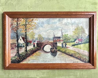 Maestro belga de la década de 1940, André Mahieu (1904-1979), pintura al óleo sobre lienzo, pueblo junto a un canal en Bélgica, cabaña, decoración de casa de campo, vida en el campo