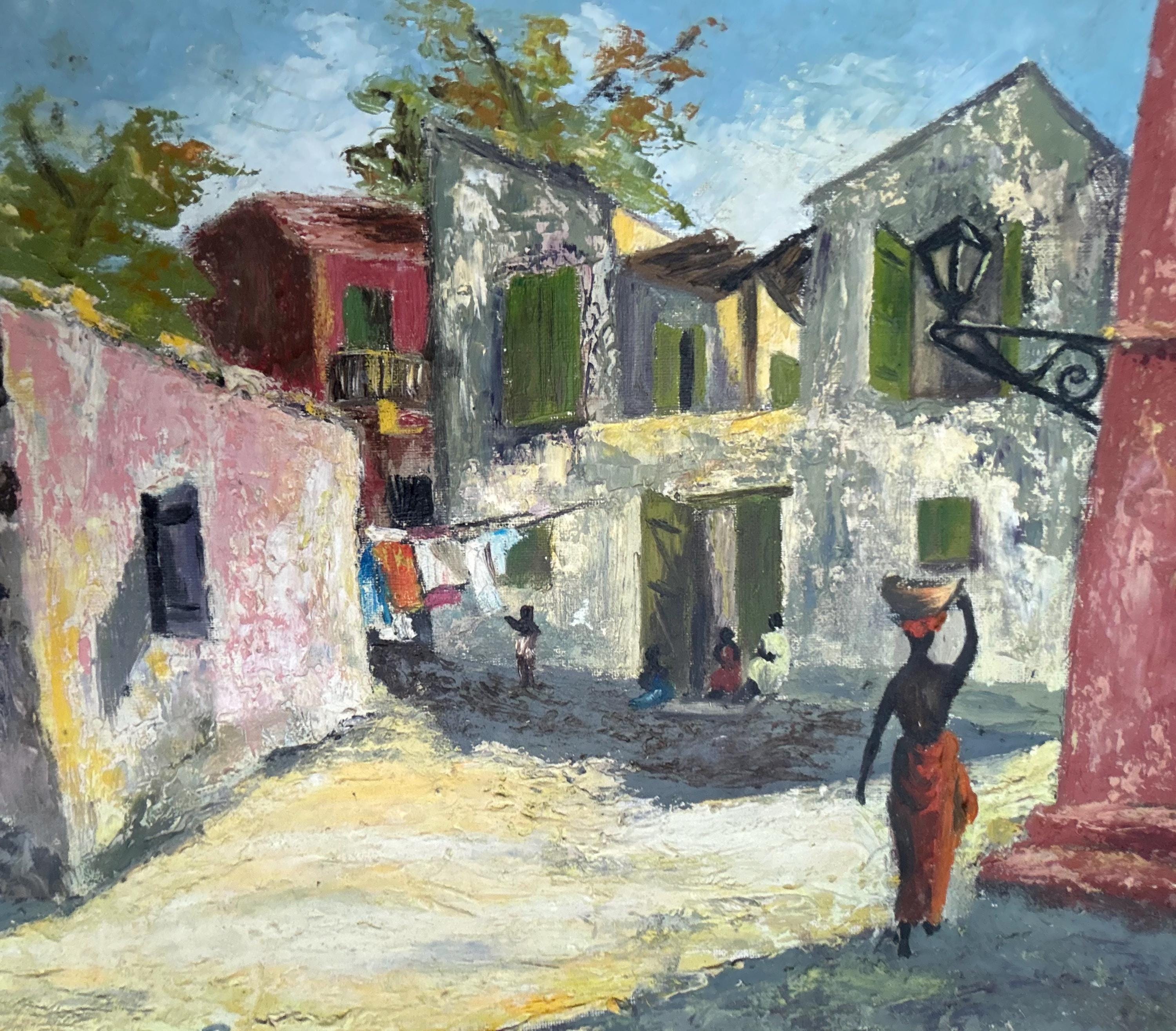 1950 年代のフランスの油絵、西アフリカの村の風景、J Herard Martin