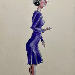 Schizzo satirico francese degli anni '30, guazzo su carta. Donna grottesca che indossa un vestito blu. Illustrazione artistica.