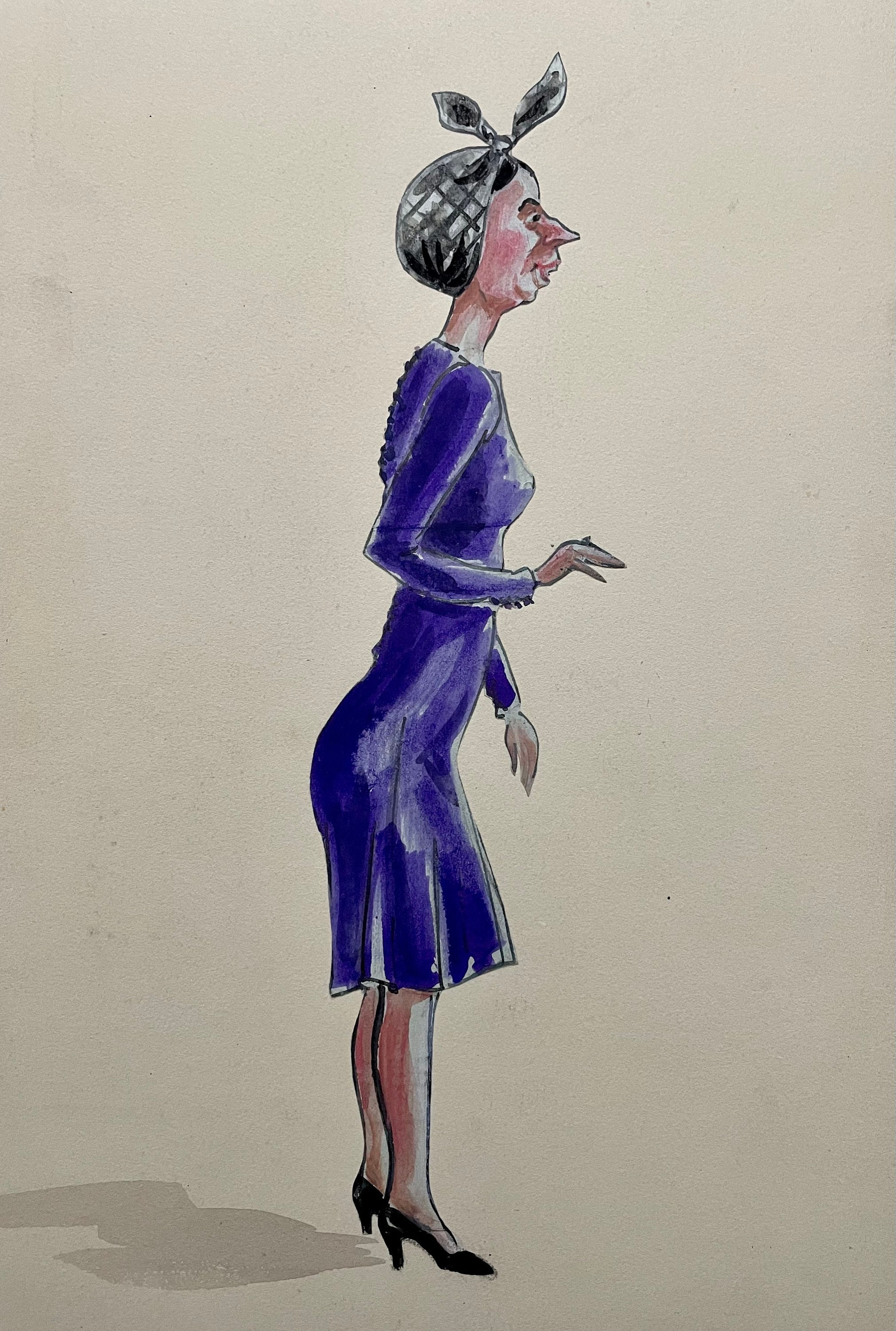 1930s French satirical sketch gouache on paper. Grotesque woman wearing a blue dress. Illustration art.