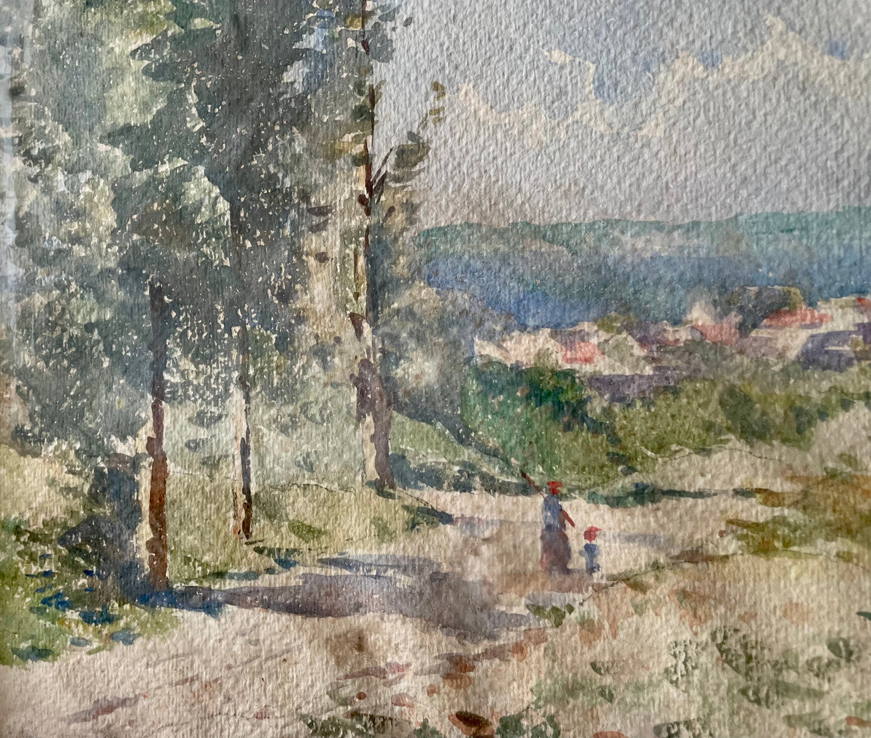 1890 年代のフランスのアンティーク水彩画。南フランスの風景