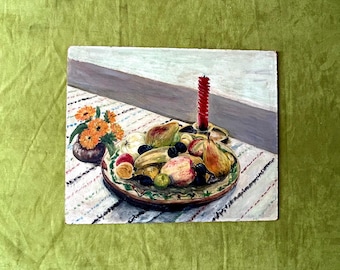 Huile sur panneau rigide, années 1940. Nature morte aux fruits et fleurs. Décoration de cuisine de ferme. Art mural de style cottage. Style maison de campagne.