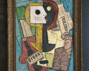 1900s French Cubism collage/gouache on panel. Portrait of a woman, newspaper and bottle. Cubist Composition. Modernism. Avant-garde movement