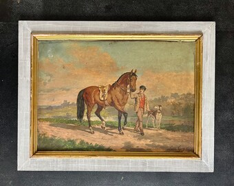 1870s French antique hand painted Engraving on panel. Original by Jean Baptiste Louis Guy (1824-1888). Man walking an horse and Saluki dog.