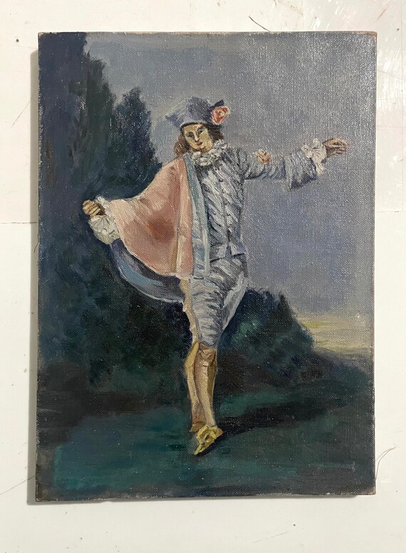 1930 年代のフランスのキャンバス油絵。舞台衣装を着た若い男性の 