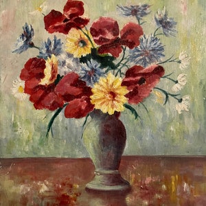 1920s French oil painting on wood. Vase of wild flowers.