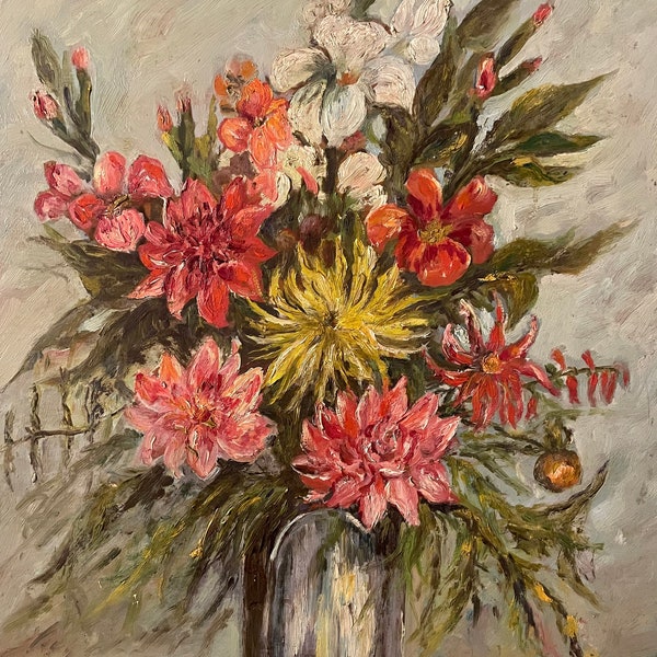 1960s French Shabby chic oil painting on wood. Vase with mixed flowers.