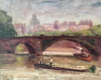 1910s French oil painting on canvas. Paris and the Seine