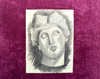 1890s French Antique pencil Charcoal drawing Roman woman portrait Academic art sketch