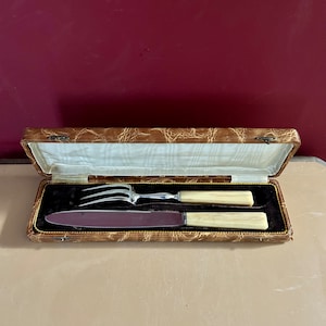 1940s French Vintage Carving Set of knife and fork. Tableware. Flatware. Steel cutlery.