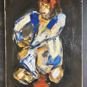 1940s French oil painting on marouflage mounted on canvas. Expressionism. Sitting figure.