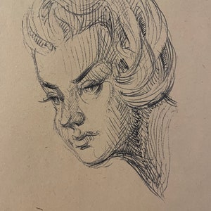 Disegno a inchiostro francese su carta degli anni '40. Studio di testa di donna.