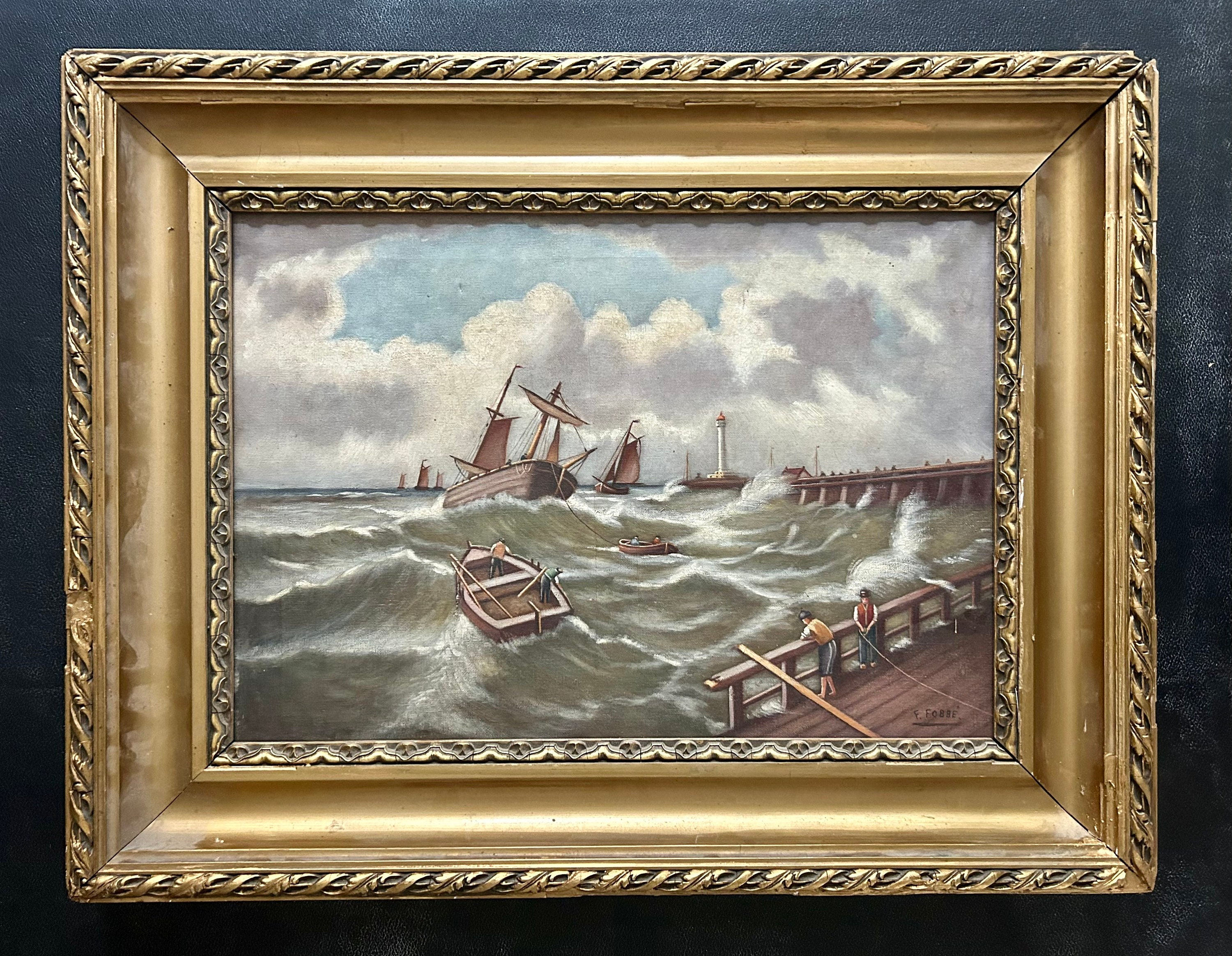 1910年ドイツアンティーク海景油絵 | 海事航海壁画 | 19世紀海軍沿岸