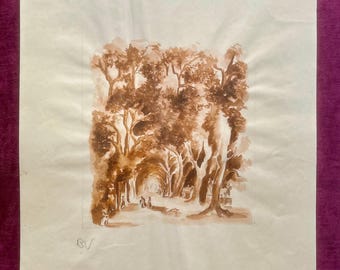 1910s French Sepia Large watercolor on paper. Animated Park Alley in France. Impressionism landscape. Garden. Cottage decor.