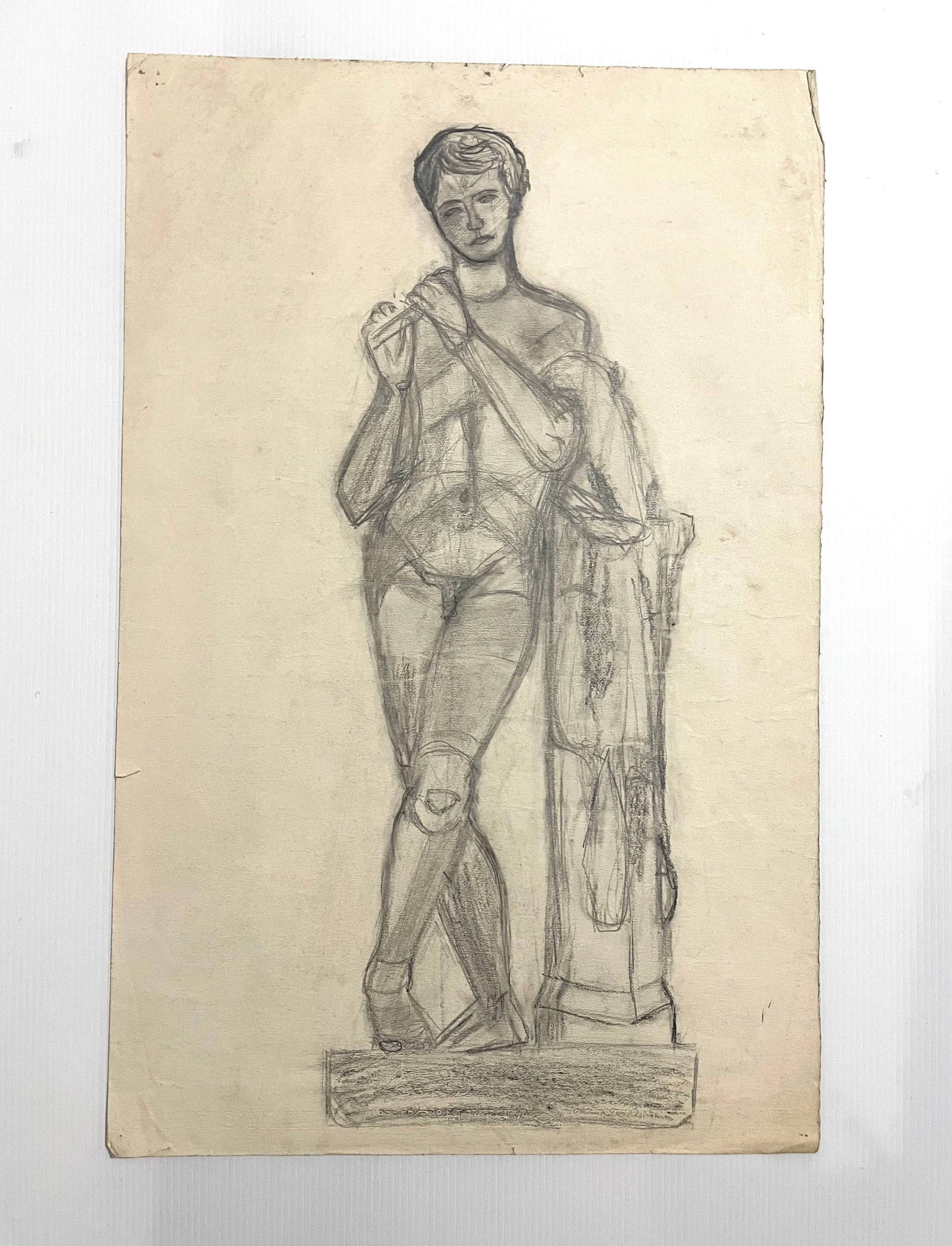 1910s French graphite drawing on paper. Male nude. Musician