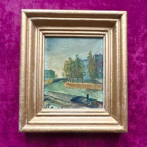 Pintura al óleo francesa sobre cartón, década de 1940. Vista de París y barco fluvial en el Sena. Paisaje urbano parisino. Escuela impresionista.