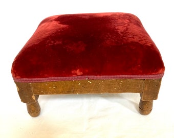 1800s French antique small Footstool - ottoman - pouffe. Red Velvet