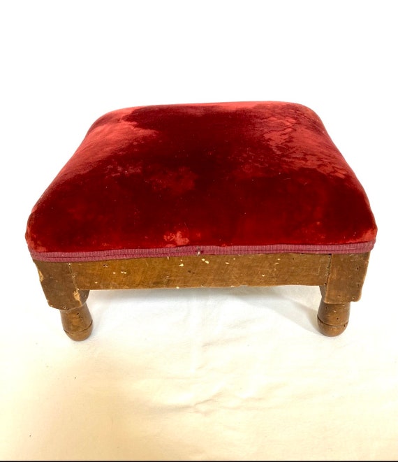 1800s French Antique Small Footstool Ottoman Pouffe. Red Velvet