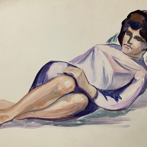 Gouache vintage francese degli anni '70 su carta. Donna sdraiata.