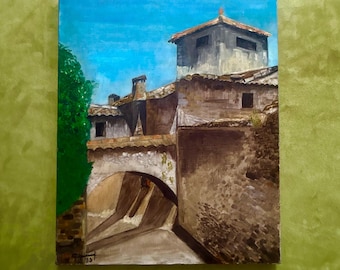 1970年代のフランスのヴィンテージ油絵。南フランスの村の風景、城、コテージの装飾。都市景観、建築、田舎暮らしのアート。
