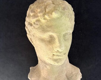 1700s French Stoneware head sculpture - Antique bust of young man - Heavy Garden Statue - Classic Romanticism art outdoor & indoor decor.