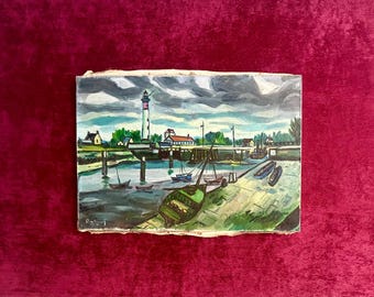 1950s French vintage seaside oil painting. 1955 Brittany harbor Scene with Lighthouse. Nautical Coastal wall art on canvas. Seaside home